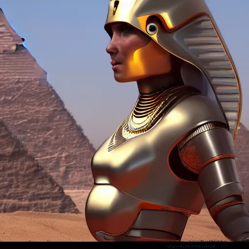 Prompt: A cool Egyptian robot, trending on artstation, unreal engine, 3D 4k, matte painting, shiny