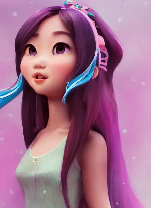 Prompt: a cute asian girl singing, flowing hair in the style of pixar animation, full body shot, low angle view, award winning, hyper detailed, studio lighting, artstation, octane renderer, unreal engine