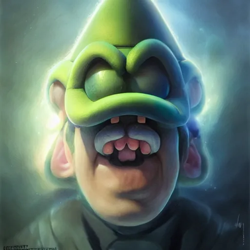 Image similar to hyper realistic, portrait of a mega derpy luigi by greg rutkowski, scott m fischer, artgerm, loish, slight glow, atmospheric, anne stokes, alexandros pyromallis