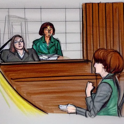 Prompt: Velma in court for falsely accusing someone of being a criminal. Court Sketch art