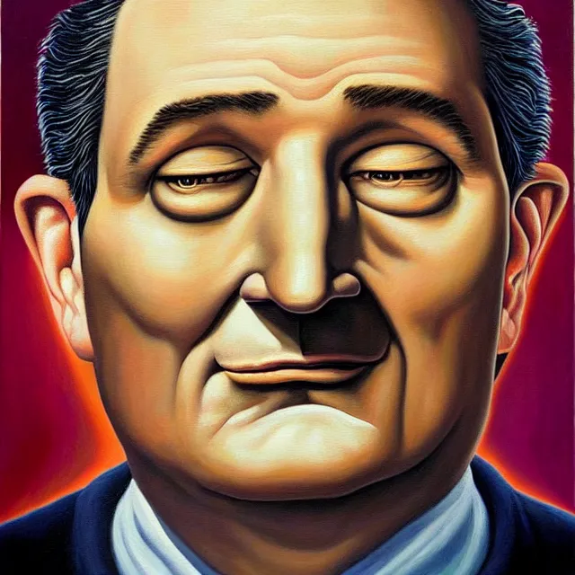 Prompt: an oil on canvas portrait painting of ted cruz, surrealism, surrealist, cosmic horror, rob gonsalves, high detail