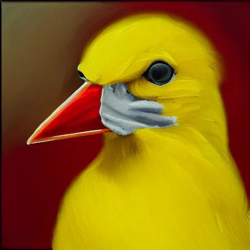 Prompt: a yellow bird wearing a crown and a red bow tie, realistic oil painting
