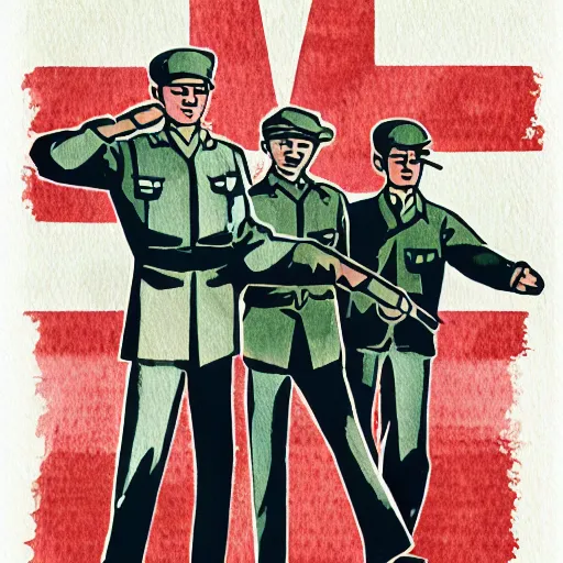 Prompt: three comrades professional illustration, retro style, watercolor