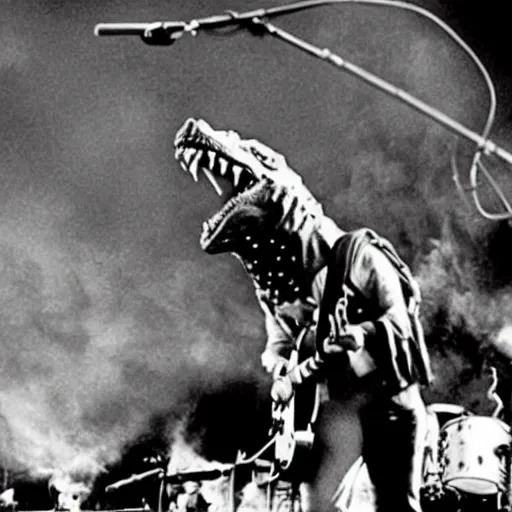 Image similar to Godzilla playing with The Who, on stage at Woodstock, photo