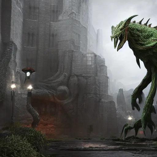 Prompt: an elf is standing next to a wall with a giant monster on top of it, hyper detailed, octane render, photorealistic