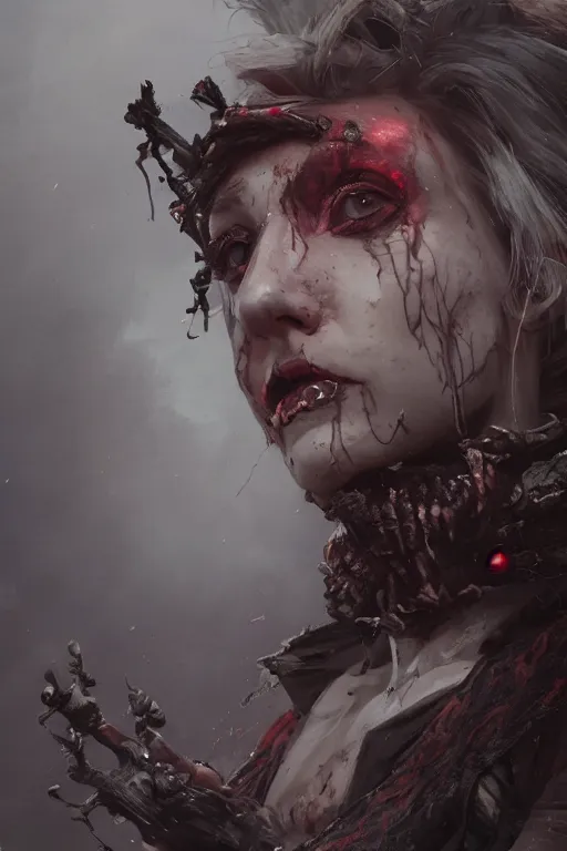 Prompt: A fancy portrait of a zombified women with apocalyptic background by Greg Rutkowski, Sung Choi, Mitchell Mohrhauser, Maciej Kuciara, Johnson Ting, Maxim Verehin, Peter Konig, Bloodborne, 8k photorealistic, cinematic lighting, HD, high details, dramatic, dark atmosphere, trending on artstation