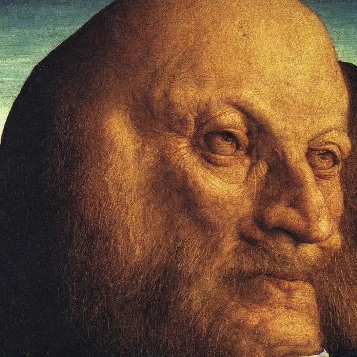 Image similar to close up portrait of a dying old man with platonic solids and iridescent beetle. jan van eyck
