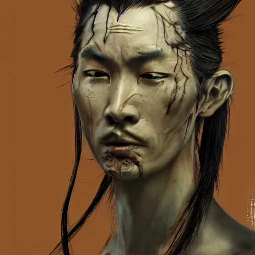 Prompt: Sickly diseased dying Samurai warrior, portrait by Cedric Peyravernay, highly detailed, excellent composition, cinematic concept art, dramatic lighting, trending on ArtStation