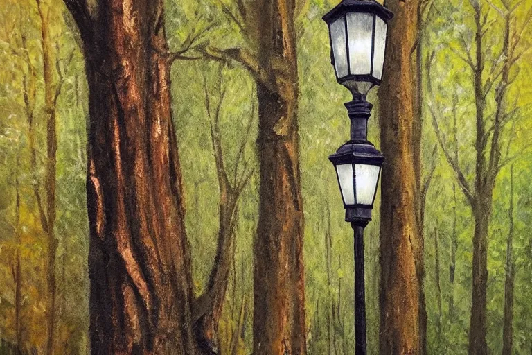 Prompt: vintage iron lamp post in the forest in the spring. Cinematic. Intricately detailed acrylic painting