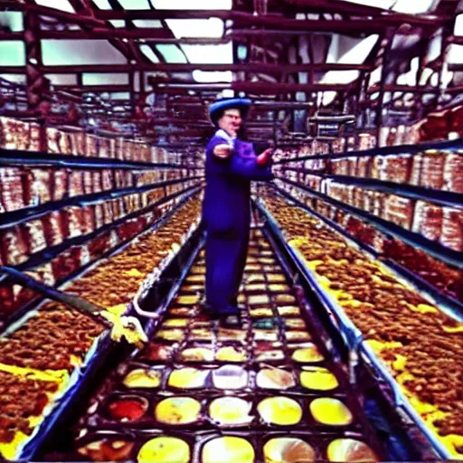 Image similar to grainy security cam footage still of Willy Wonka in his Chocolate Factory, extreme wide angle