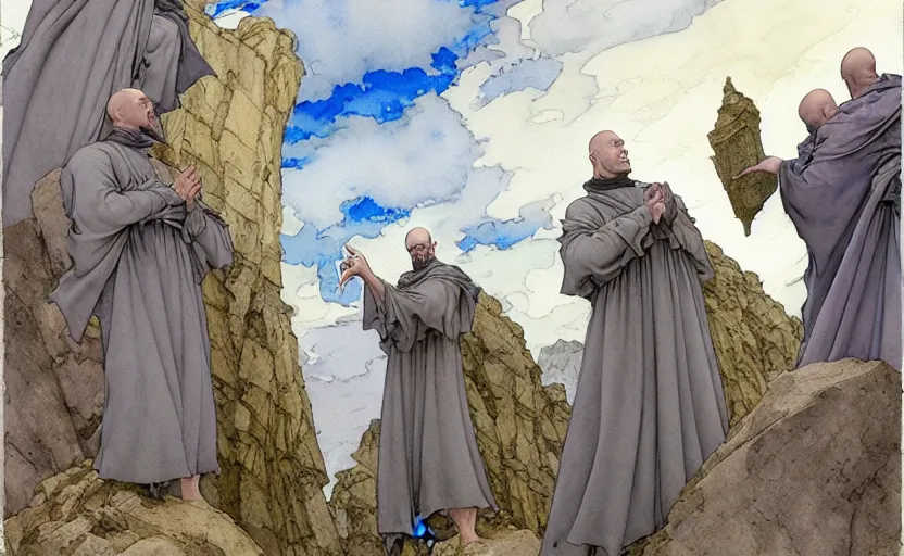 Image similar to a hyperrealist watercolour concept art of a group of medieval monks in grey robes pointing up at a large stone monument floating in the sky. by rebecca guay, michael kaluta, charles vess and jean moebius giraud. high detail, hq, wide shot