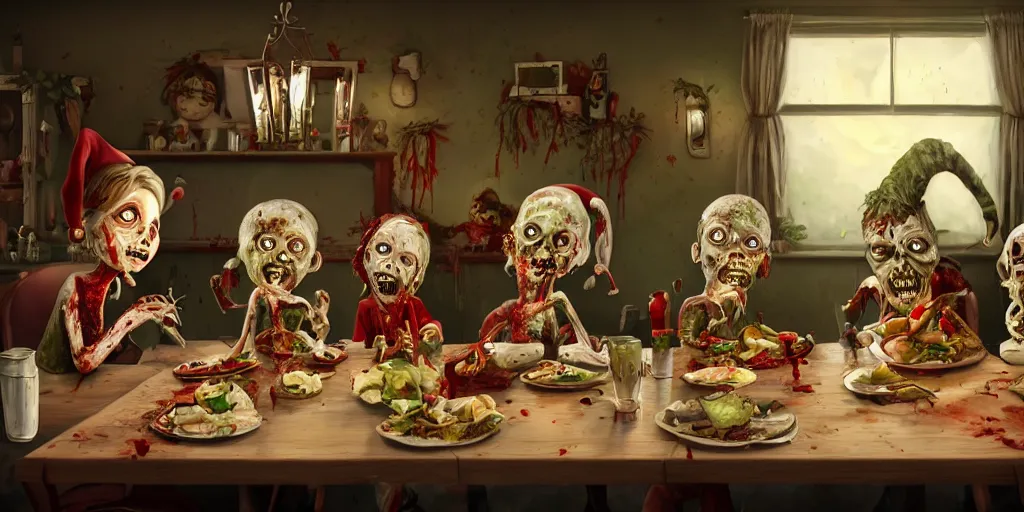 Prompt: a zombie family christmas diner, wide angle, super highly detailed, professional digital painting, artstation, concept art, smooth, sharp focus, no blur, no dof, extreme illustration, unreal engine 5, photorealism, hd quality, 8 k resolution, cinema 4 d, 3 d, beautiful, cinematic, art by tim burton