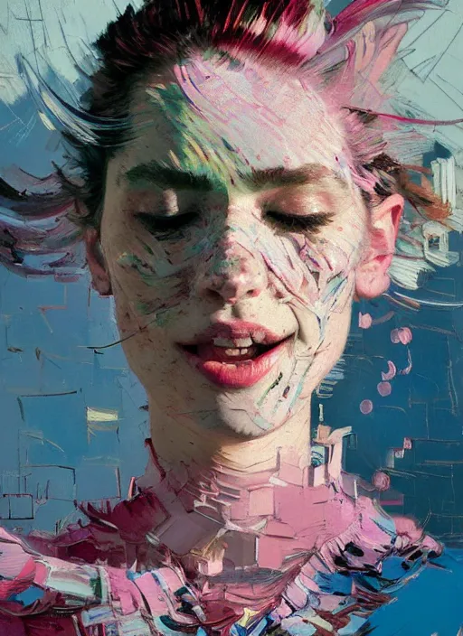 Prompt: portrait of a beautiful bird, smiling, ecstatic, dancing, eyes closed, open mouth, shades of pink and blue, beautiful face, rule of thirds, intricate outfit, spotlight, by greg rutkowski, by jeremy mann, by francoise nielly, by van gogh, digital painting