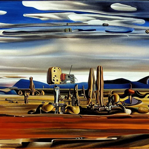 Prompt: wide shot scenery filled with robots, salvador dali painting