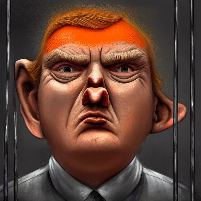 Prompt: prison cell behind bars of jail gediminas pranckevicius | close up portrait of a evil trump with orange hair behind jail bars in the sinister, one mouth, one nose, two eyes, oil painting by tomasz jedruszek, cinematic lighting, pen and ink, intricate line, hd, 4 k, million of likes, trending on artstation