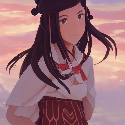 Image similar to a beautiful women instagram model, brown skin, wearing elegant catholic school girl designer fashion with mayan pattern and native style, aztec street fashion, gapmoe yandere grimdark, trending on pixiv fanbox, painted by greg rutkowski makoto shinkai takashi takeuchi studio ghibli, akihiko yoshida