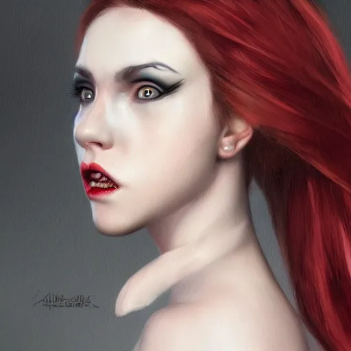 Image similar to a realistic head and shoulder professional portrait of a female vampire, painted, interesting color use, vampire fashion, highly detailed, melancholy, trending on cgsociety