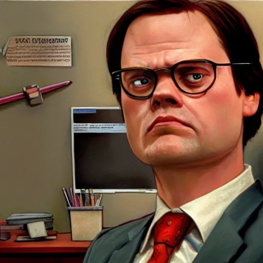 Image similar to close-up of Dwight Schrute in The Office (2005), highly detailed, sharp focus, digital painting, artwork by Victor Adame Minguez + Yuumei + Tom Lovell + Sandro Botticelli