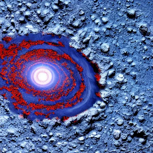 Image similar to a picture of an alien planet, taken from orbit, dark blue planet, red lava rivers, center of the frame