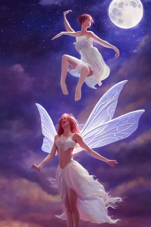 Image similar to attractive fairy magically floating high in the night, fantasy, full moon in background. highly detailed painting by artgerm, mid shot, 8 k