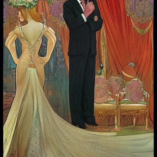 Image similar to president of belarus in beautiful dress. mucha style. epic composition. highly detailed.