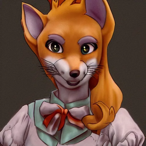 Image similar to a transhuman fox fursona wearing a maid outfit, highly detailed, by don bluth, trending on artstation, furry art