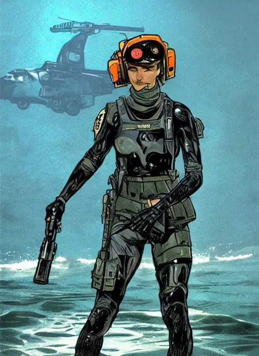 Image similar to Selina. Beautiful USN blackops operator emerging from water at the shoreline. Operator wearing Futuristic wetsuit and looking at an abandoned shipyard. Frogtrooper. rb6s, MGS, and splinter cell Concept art by James Gurney, Alphonso Mucha. Vivid color scheme.