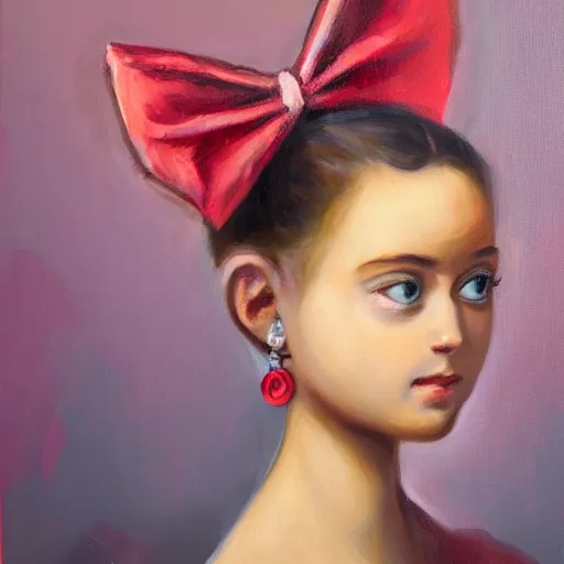 Image similar to a portrait painting of a girl with eyeballs as earrings and a huge bow on her head, 4k,