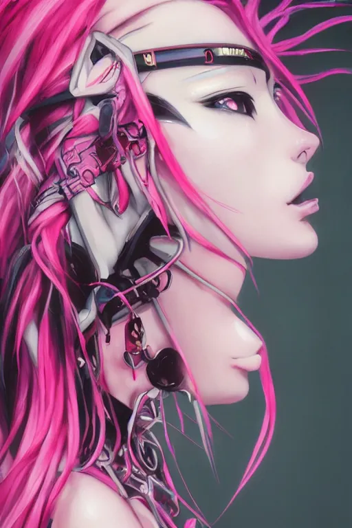 Image similar to portrait of an anime manga cybergoth girl with pink and black floating dreads, straight on portrait, by artgerm, james jean, tom bagshaw, gerald brom, vaporwave colors, lofi colors, vaporwave, lofi, moody vibe, goth vibe, 4 k, hd,