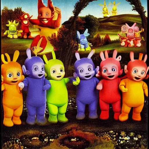 Prompt: The Teletubbies by Jan Van Eyck