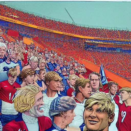 Prompt: a blonde man inspecting a soccer game from the stands. happy, colorful Epic portrait by james gurney and mœbius.