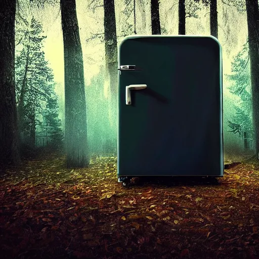 Prompt: a fridge in the middle of a dark and scary forest, sinister, mysterious, stranger things style photo, hdr, trend on artstation