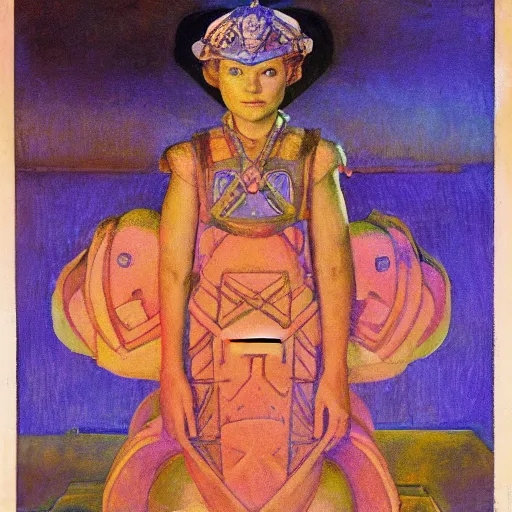 Image similar to the little robot queen in her regalia, by annie swynnerton and alayna danner and diego rivera and nicholas roerich, symbolist, dramatic lighting, elaborate geometric ornament, smooth, sharp focus, extremely detailed, adolf wolfli, soft pastel colors