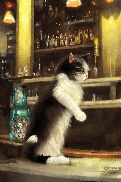 Prompt: of a british longhair cat sitting at the bar next to a beer, by greg rutkowski