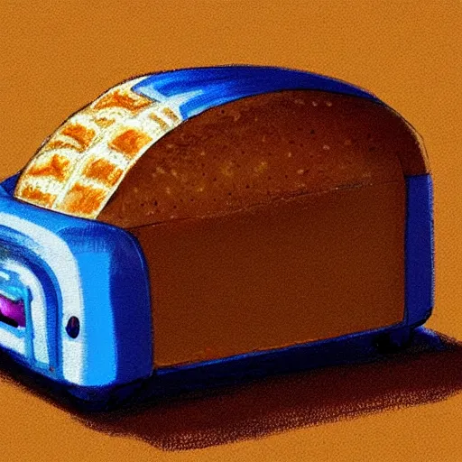 Prompt: an entire loaf of bread popping out of a toaster, concept art, highly detailed, high quality, bright colors,