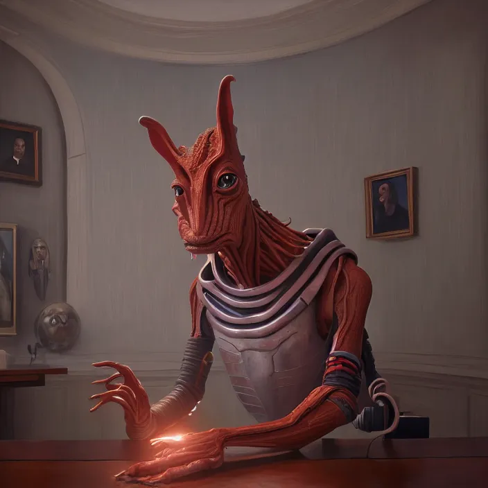 Image similar to portrait of jar jar binks in the oval office. intricate abstract. intricate artwork. by tooth wu, wlop, beeple, dan mumford. octane render, trending on artstation, greg rutkowski very coherent symmetrical artwork. cinematic, hyper realism, high detail, octane render, 8 k, iridescent accents