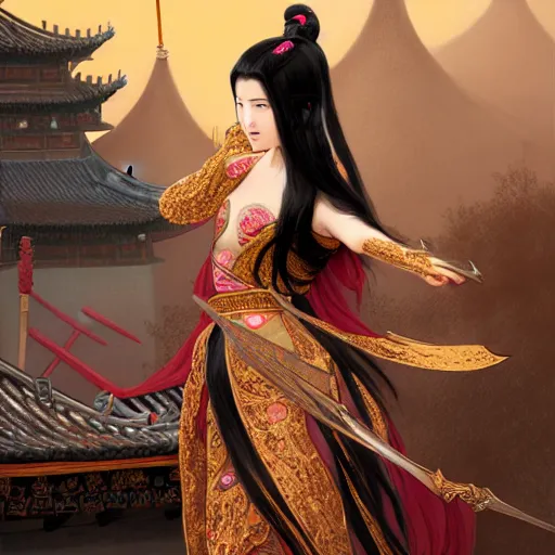 Image similar to portrait black hair young knights of Dynasty Warriors girl, rose golden color armor, in ruin chinese palace rooftop sunrise, ssci-fi and fantasy, intricate and very beautiful and elegant, highly detailed, digital painting, soft light, artstation, concept art, smooth and sharp focus, illustration, art by tian zi and WLOP and alphonse mucha