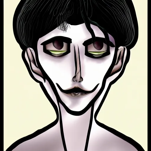 Image similar to young man portrait, black hair, skinny, corpse bride art style