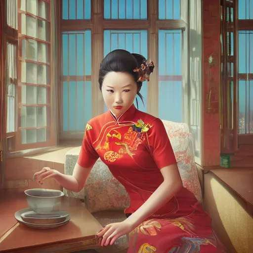 Image similar to portrait of chinese lady in cheongsam, highly detailed vfx portrait, unreal engine, greg rutkowski, loish, rhads, caspar david friedrich, makoto shinkai and lois van baarle, ilya kuvshinov, rossdraws, elegent, tom bagshaw, alphonse mucha, global illumination, detailed and intricate environment