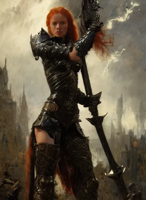 Prompt: beautifull young redheaded muscular woman wearing black medieval armour, by gaston bussiere, bayard wu, greg rutkowski, giger, maxim verehin, greg rutkowski, masterpiece, sharp focus, cinematic lightning