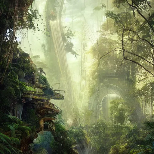 Image similar to cinematic shot of a sci-fi jungle made of trees and animals digital painting, artstation, concept art, soft light, hdri, smooth, sharp focus, illustration, fantasy, intricate, elegant, highly detailed, D&D, matte painting, in the style of Greg Rutkowski and Alphonse Mucha and artemisia, 8k, highly detailed, jurgens, rutkowski, bouguereau, pastoral, rustic, georgic