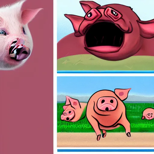 Image similar to attack of the vampire pig, pig with oversized canine teeth, photo of a red eyed pig jumping bare - toothed at the viewer