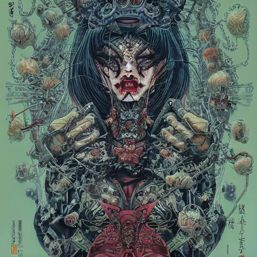 Prompt: portrait of mad zombie queen, symmetrical, by yoichi hatakenaka, masamune shirow, josan gonzales and dan mumford, ayami kojima, takato yamamoto, barclay shaw, karol bak, yukito kishiro illustration, clear line