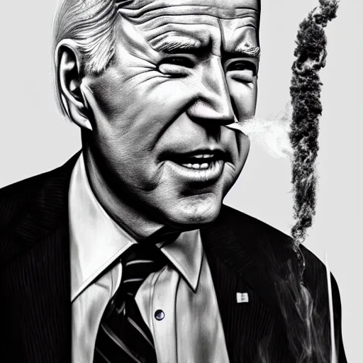 Image similar to joe biden smoking a giant rolled joint, smoke, amazing detail, realistic digital art, artstation