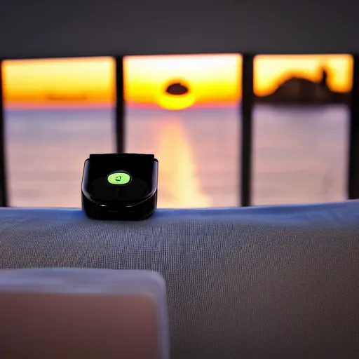 Image similar to roomba chilling on the couch, sunset