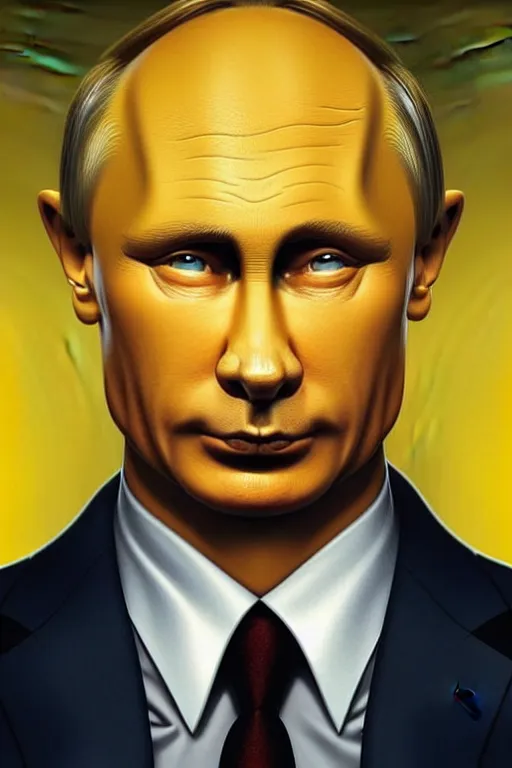 Image similar to vladimir putin as a yellow funny character from the simpsons, realistic portrait, symmetrical, highly detailed, digital painting, artstation, concept art, smooth, sharp focus, illustration, cinematic lighting, art by artgerm and greg rutkowski and alphonse mucha