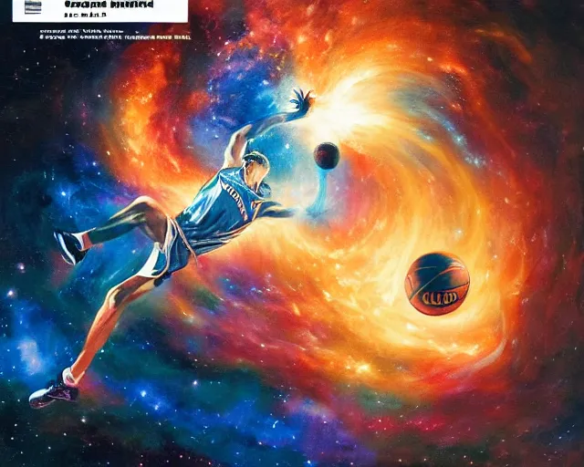 Image similar to cosmic basketball player dunking a basketball hoop in a nebula, an oil painting, by ( leonardo da vinci ) and greg rutkowski and rafal olbinski and ross tran, award - winning magazine cover