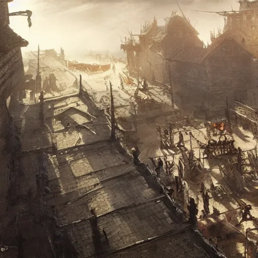 Prompt: top down battle map in a medieval town, drawn by Ruan Jia, fantasy art, dramatic lighting, digital art,highly detailed