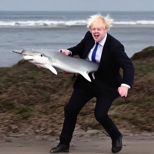 Image similar to boris johnson riding a shark at the beach
