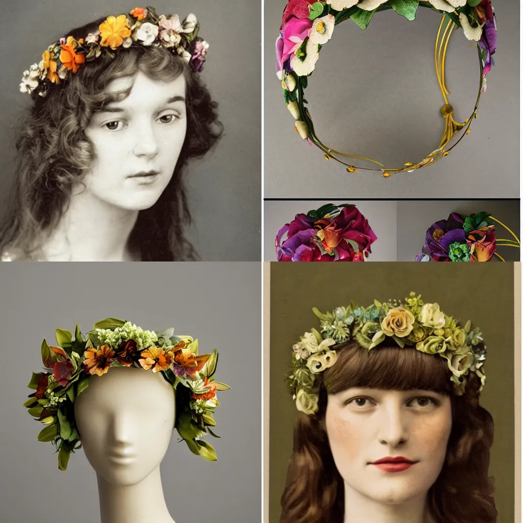 Prompt: art nouveau flower crown by designer maurice pillard - verneuil